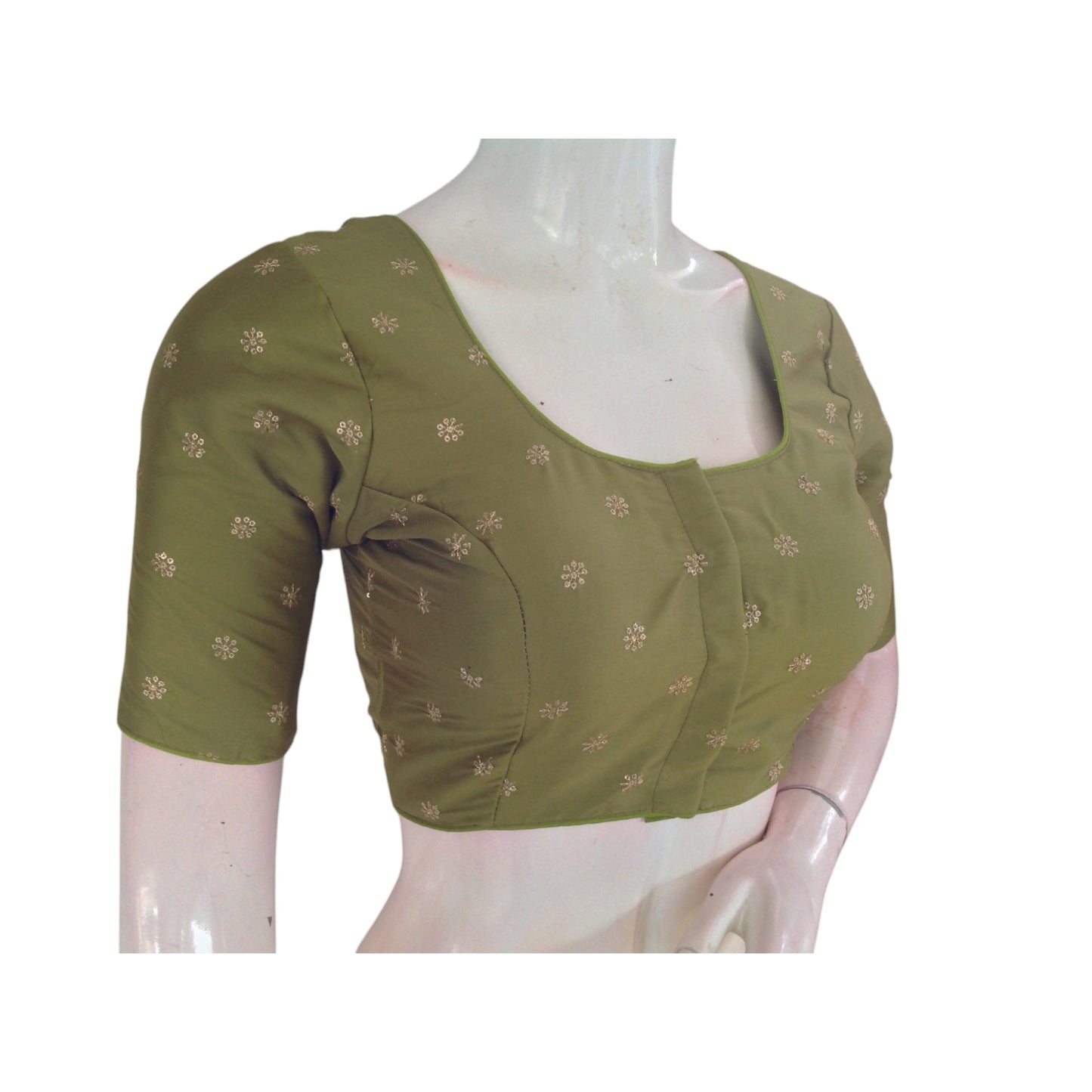 Earthy Elegance: Olive Green Semi-Silk Blouse with Intricate Embroidery