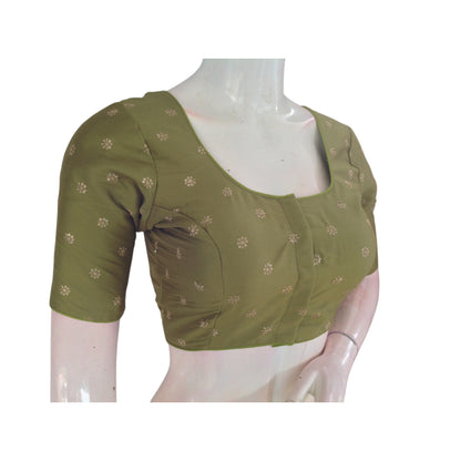 Earthy Elegance: Olive Green Semi-Silk Blouse with Intricate Embroidery