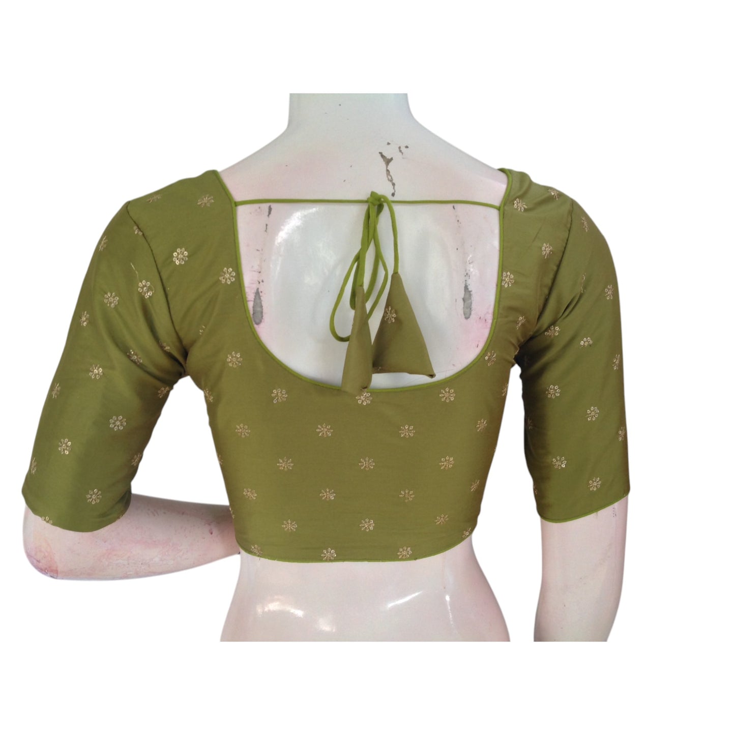 Earthy Elegance: Olive Green Semi-Silk Blouse with Intricate Embroidery