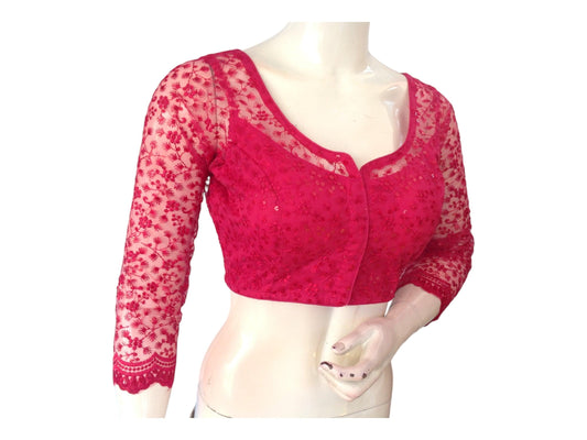 Raspberry Pink Saree Blouse, Net Designer Readymade Blouse, Bracelet Sleeves Choli top