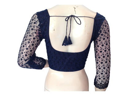 Navy Blue Saree Blouse, Net Designer Readymade Blouse, Bracelet Sleeves Choli top