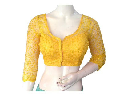 Yellow Saree Blouse, Net Designer Readymade Blouse, Bracelet Sleeves Choli top