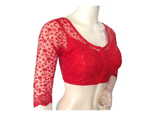 Red Saree Blouse, Net Designer Readymade Blouse, Bracelet Sleeves Choli top
