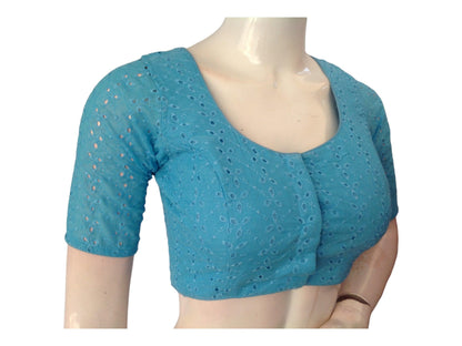 Sky Blue Saree Blouse, Hakoba Indian Readymade Blouse, Designer Cotton Choli top