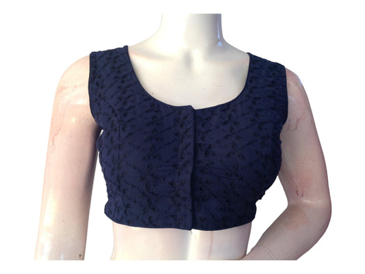 Navy Blue Saree Blouse, Hakoba Cotton Readymade Blouse, Indian Sleeveless Choli top - D3blouses