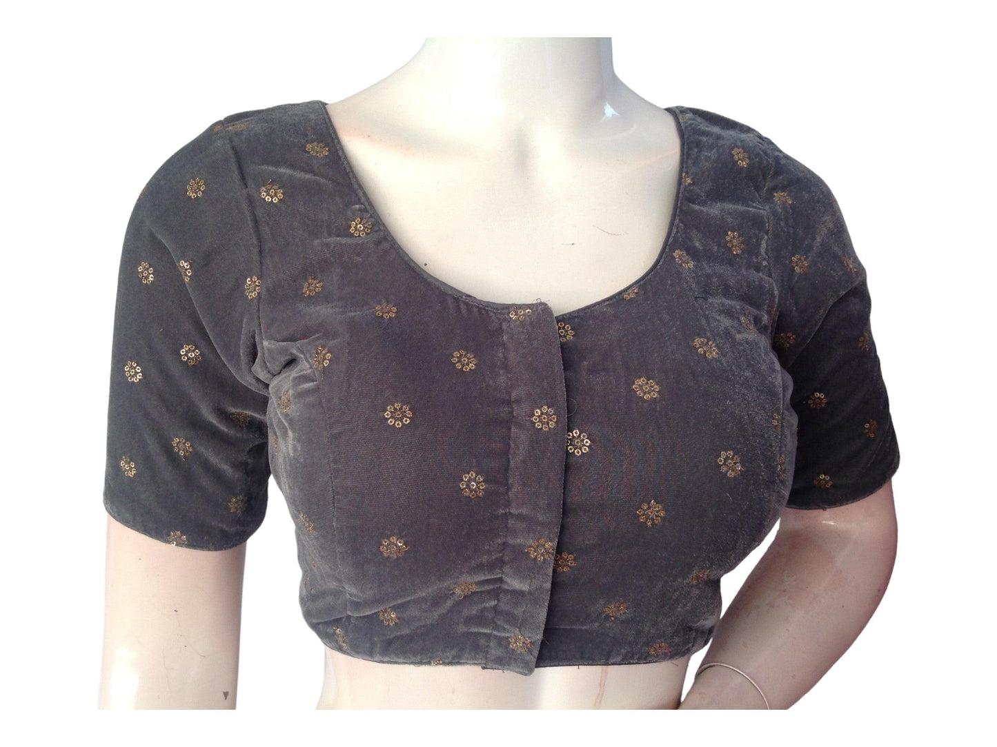 Grey Saree Blouse, Velvet Readymade blouse, Indian Saree Choli top Online