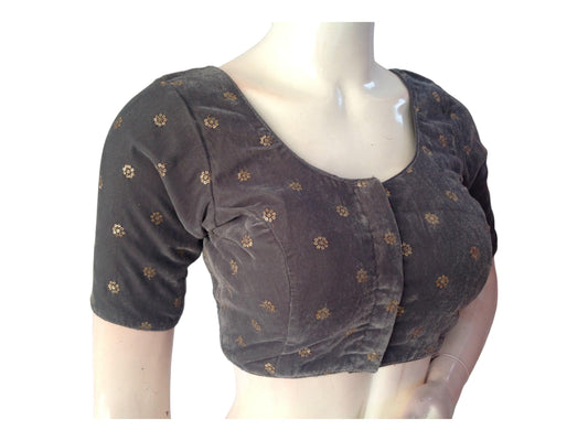 Grey Saree Blouse, Velvet Readymade blouse, Indian Saree Choli top Online