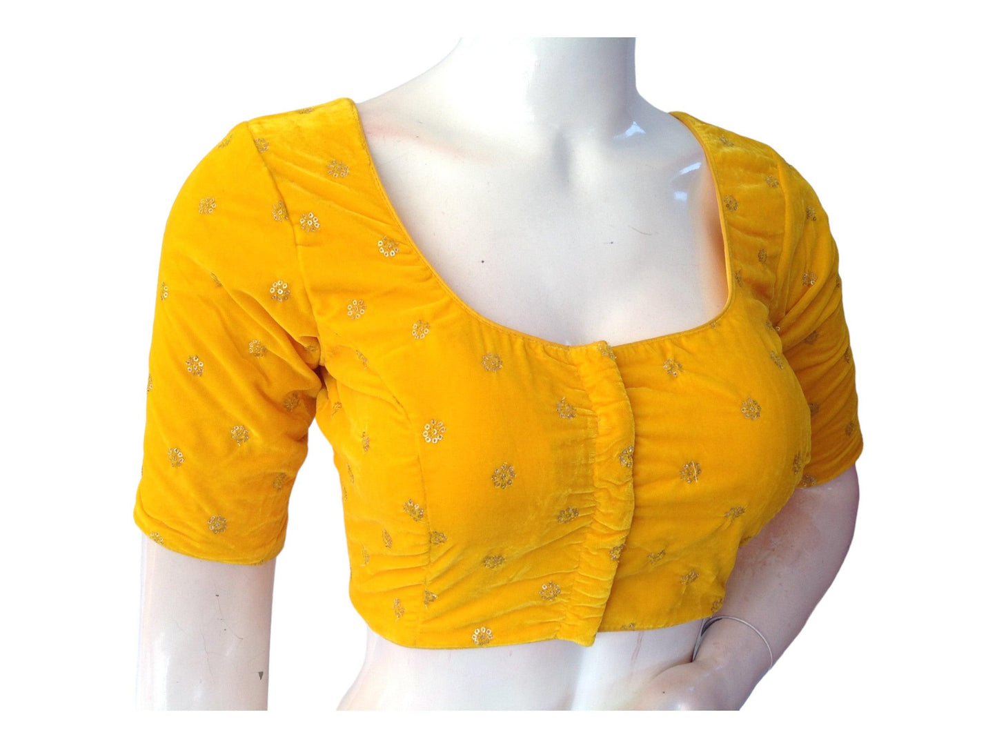 Yellow Saree Blouse, Velvet Readymade blouse, Indian Saree Choli top Online - D3blouses