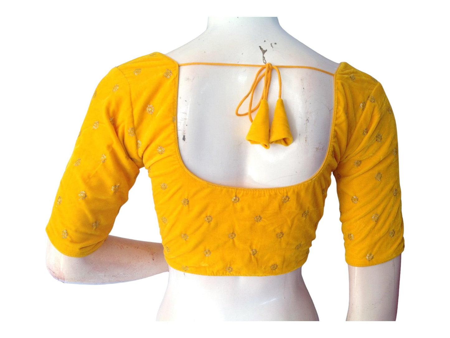 Yellow Saree Blouse, Velvet Readymade blouse, Indian Saree Choli top Online - D3blouses