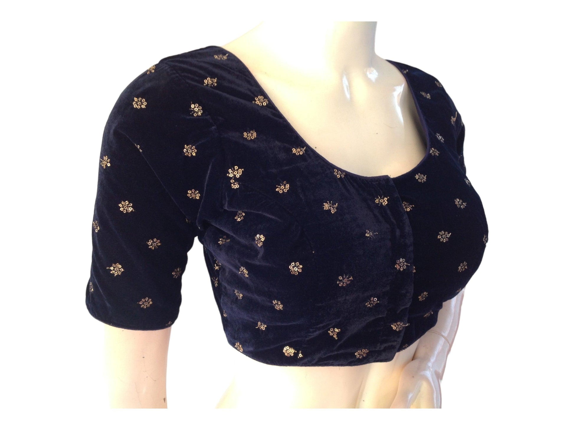 Navy Blue Saree Blouse, Velvet Readymade blouse, Indian Saree Choli top Online - D3blouses