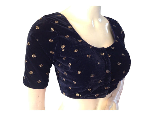 Navy Blue Saree Blouse, Velvet Readymade blouse, Indian Saree Choli top Online - D3blouses