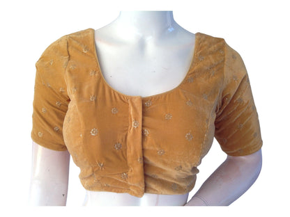 Dark Gold Saree Blouse, Velvet Readymade blouse, Indian Saree Choli top Online