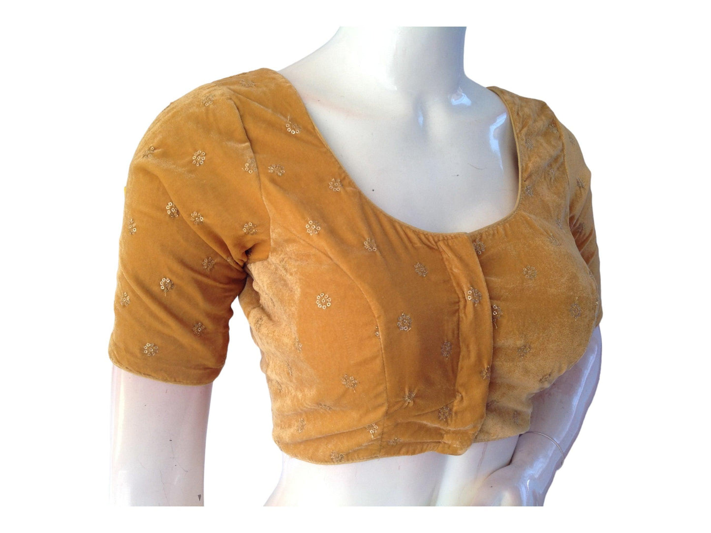 Dark Gold Saree Blouse, Velvet Readymade blouse, Indian Saree Choli top Online