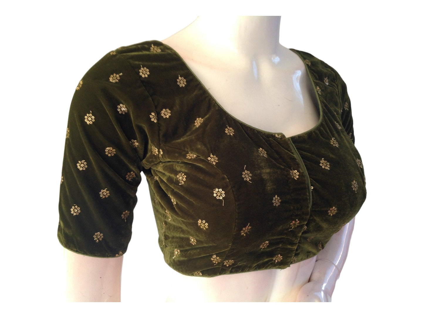 Dark Olive Green Saree Blouse, Velvet Readymade blouse, Indian Saree Choli top Online