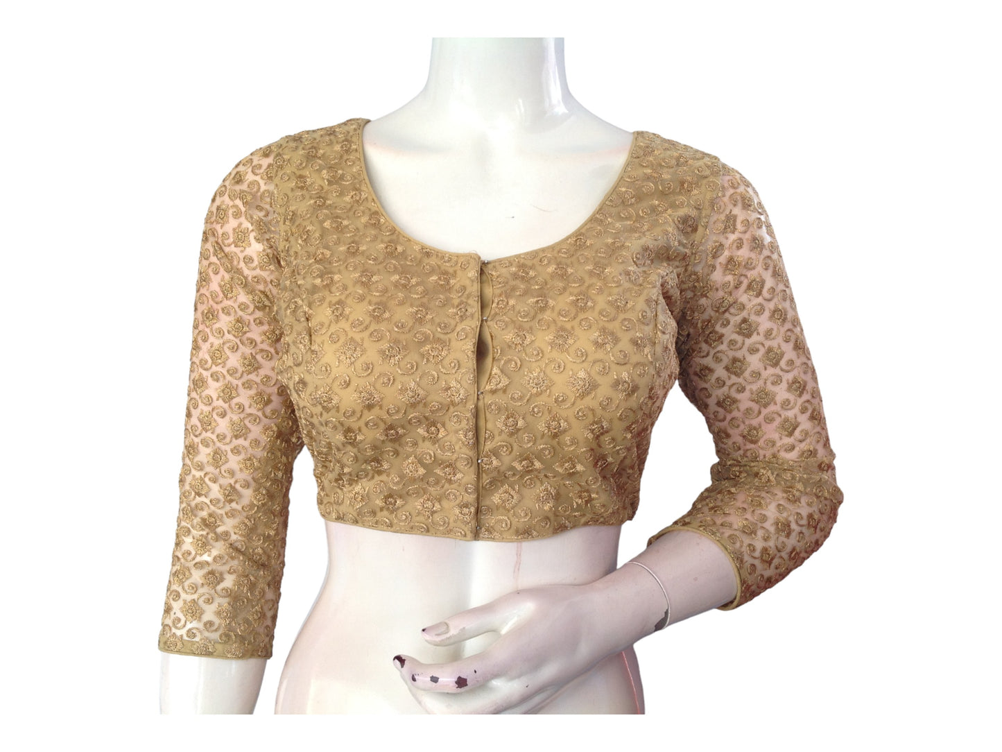Gold Saree Blouse,3/4th sleeves Readymade Blouses, Indian Netted Choli top