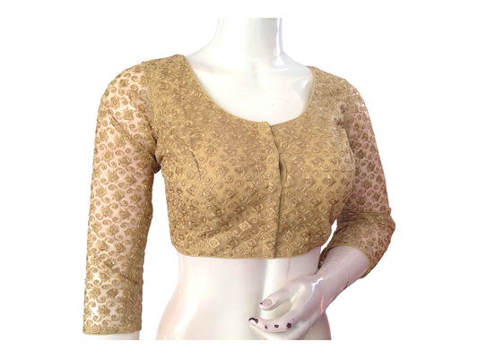 Gold Saree Blouse,3/4th sleeves Readymade Blouses, Indian Netted Choli top