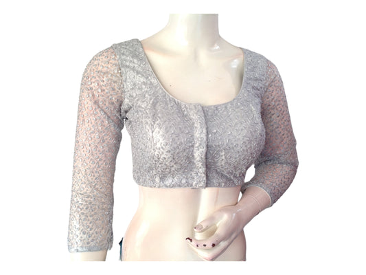 Silver Saree Blouse,3/4th sleeves Readymade Blouses, Netted sleeves Choli top