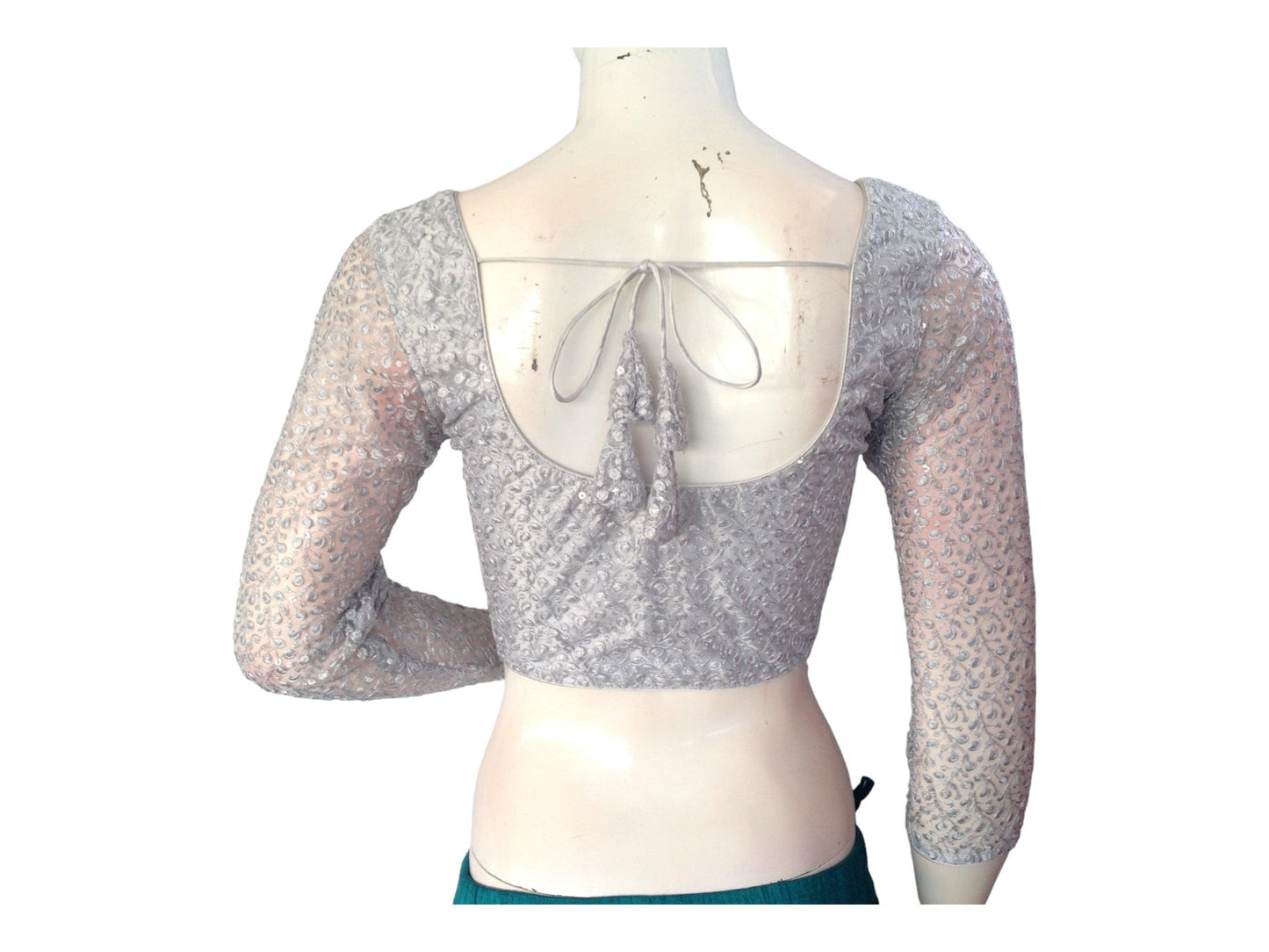 Silver Saree Blouse,3/4th sleeves Readymade Blouses, Netted sleeves Choli top