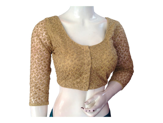 Gold Saree Blouse, Indian Readymade Blouses, Netted sleeves Choli top