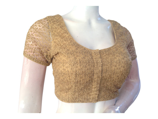 Gold Saree Blouse, Netted sleeves Readymade Blouses, Indian designer Choli top