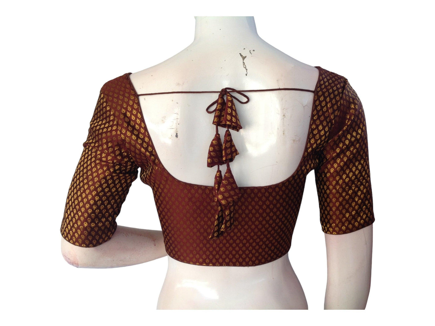 Brown Color Brocade Silk Readymade Saree Blouse, Indian Choli Top