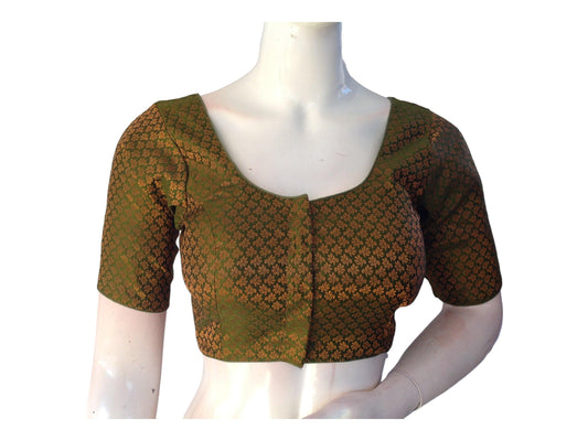 Olive Green Color Brocade Readymade Saree Blouse, Indian Ethnic Choli top