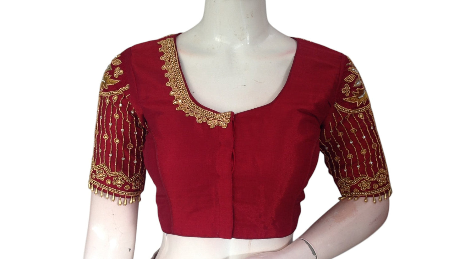 Royal Maroon Color Designer Neck Aari Handwork Bridal Silk Saree Blouse