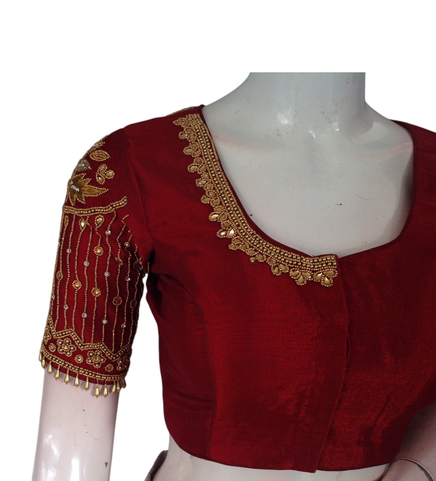 Royal Maroon Color Designer Neck Aari Handwork Bridal Silk Saree Blouse
