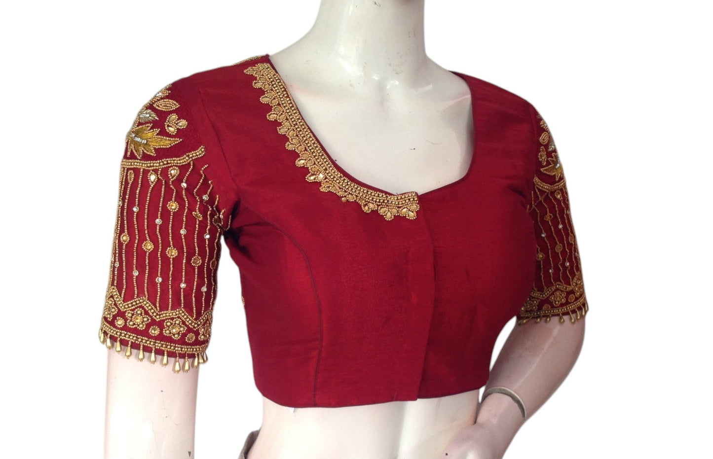 Royal Maroon Color Designer Neck Aari Handwork Bridal Silk Saree Blouse