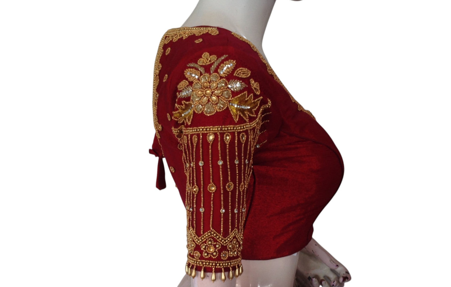 Royal Maroon Color Designer Neck Aari Handwork Bridal Silk Saree Blouse