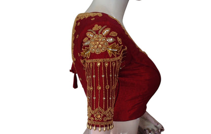 Royal Maroon Color Designer Neck Aari Handwork Bridal Silk Saree Blouse
