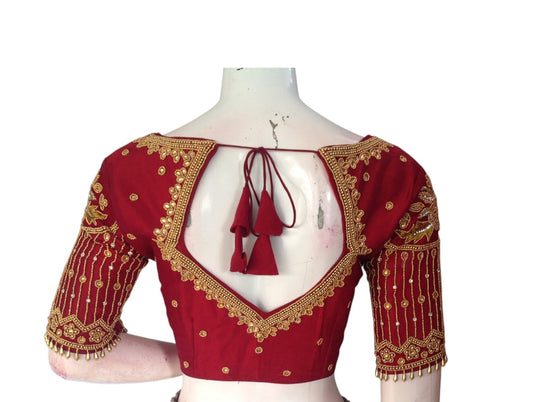 Royal Maroon Color Designer Neck Aari Handwork Bridal Silk Saree Blouse