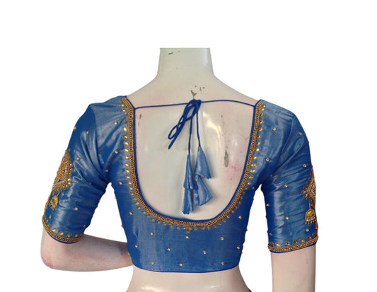 Blue Beauty: Tissue Silk Readymade Blouse with Aari HandWork