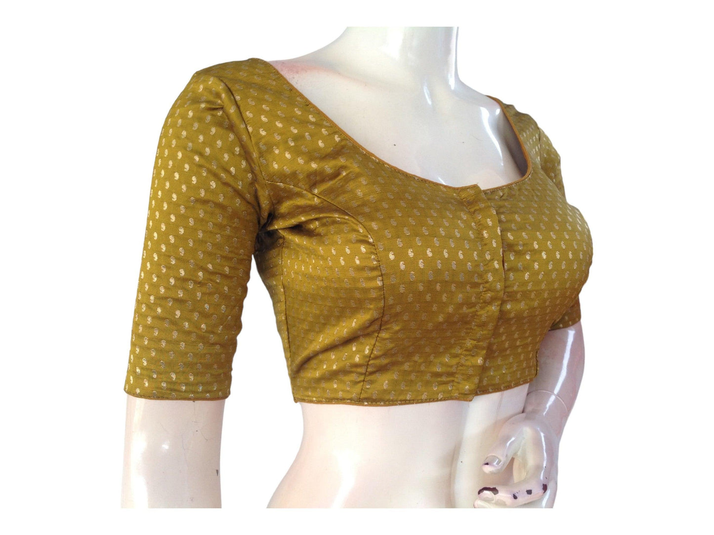 Olive Green Color Brocade Readymade Saree Blouse, Indian Plus Size Choli Top - D3blouses