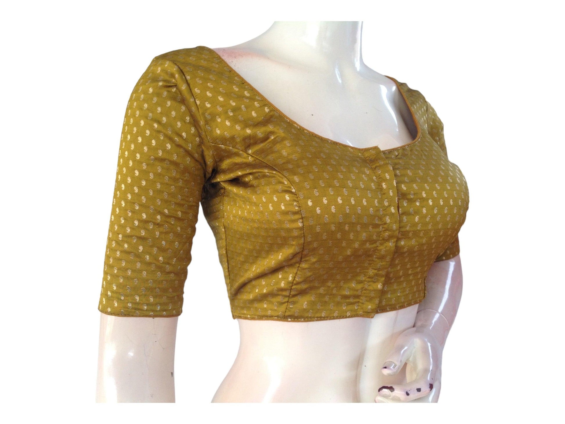 Olive Green Color Brocade Readymade Saree Blouse, Indian Plus Size Choli Top - D3blouses