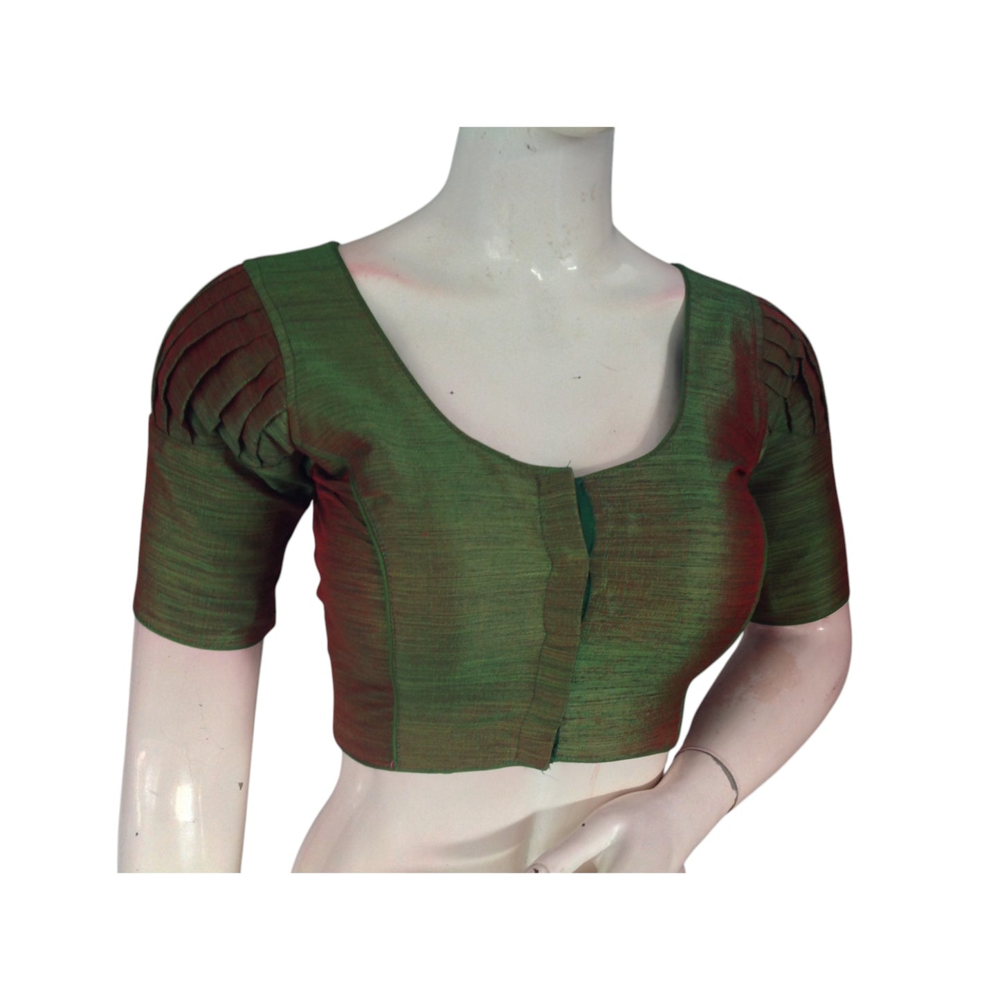 Olive Green Elegance: Plain Semi Silk Readymade Blouse with Puff Sleeves