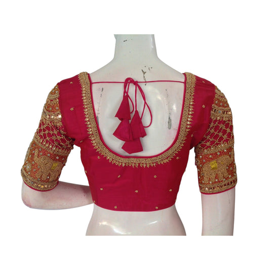 Enchanting Dark Pink: Aari Handwork on Tissue Silk Wedding Saree Blouse