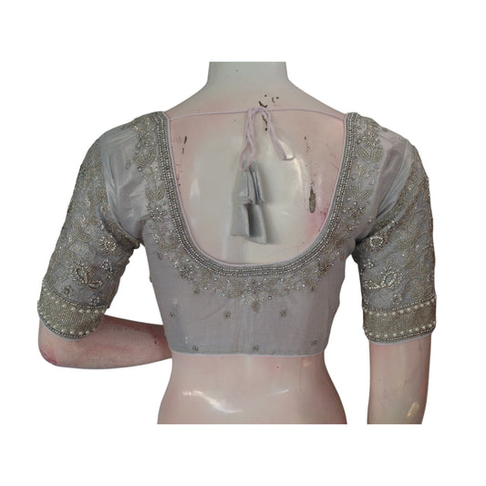 Silver Sparkle: Aari Handwork Wedding Silk Saree Readymade Blouse