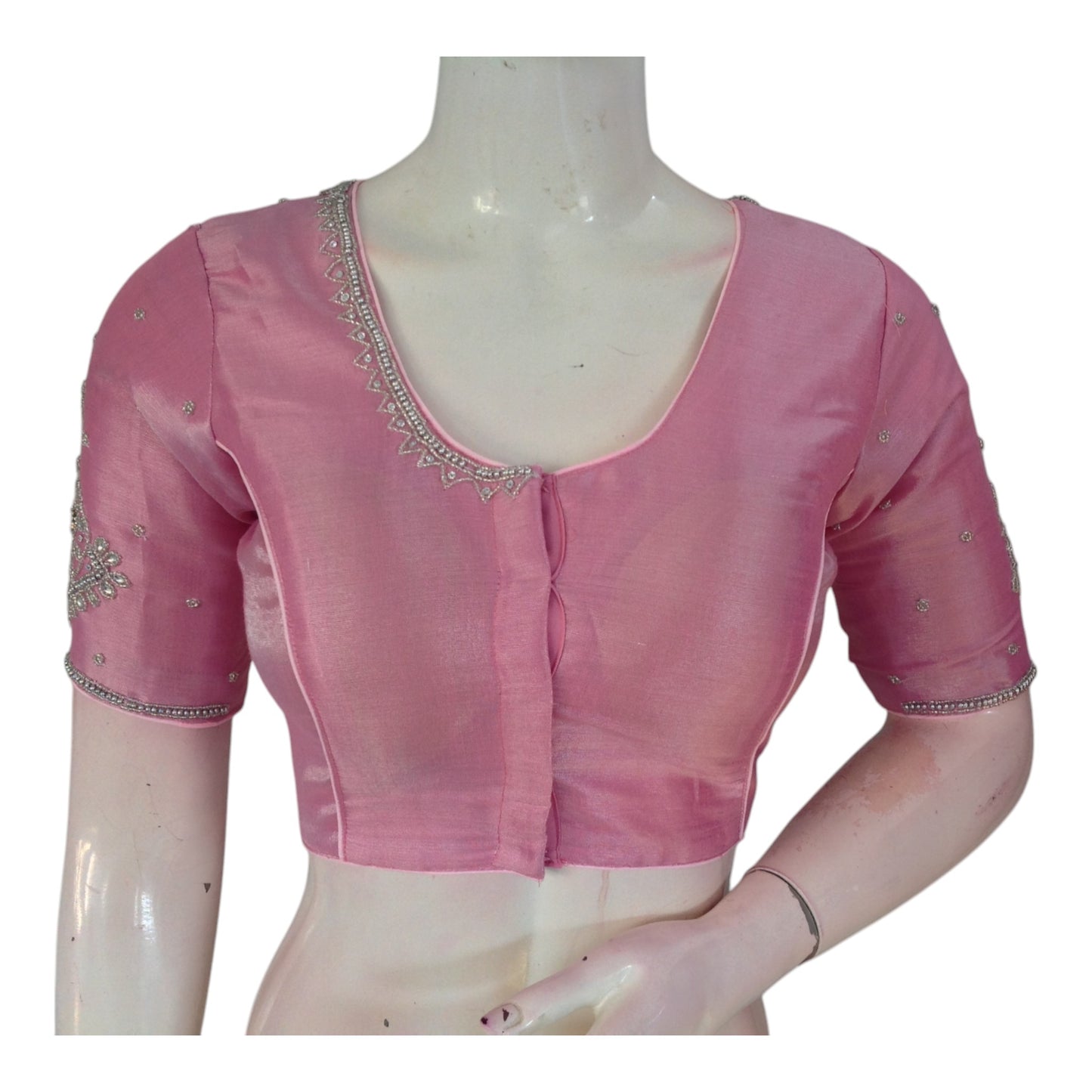 Pastel Yellow Tissue Silk Aari Blouse | Silver Handwork | Elegant