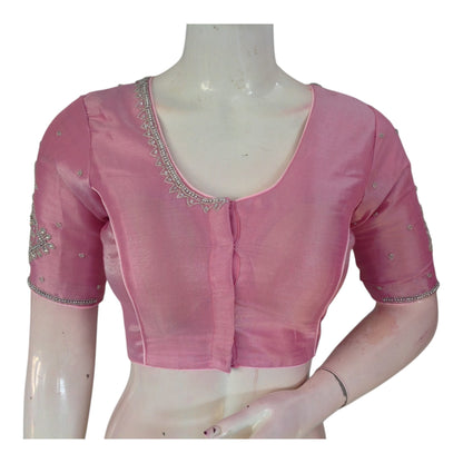 Pastel Yellow Tissue Silk Aari Blouse | Silver Handwork | Elegant