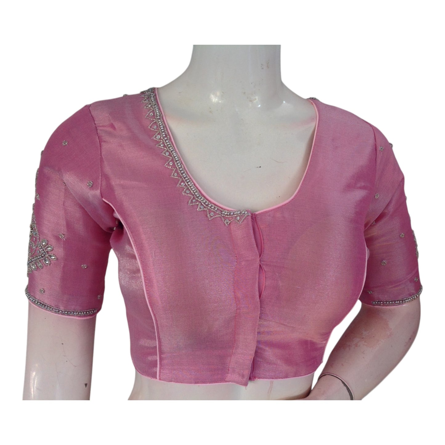 Pastel Yellow Tissue Silk Aari Blouse | Silver Handwork | Elegant