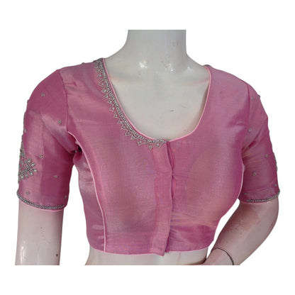 Pastel Yellow Tissue Silk Aari Blouse | Silver Handwork | Elegant