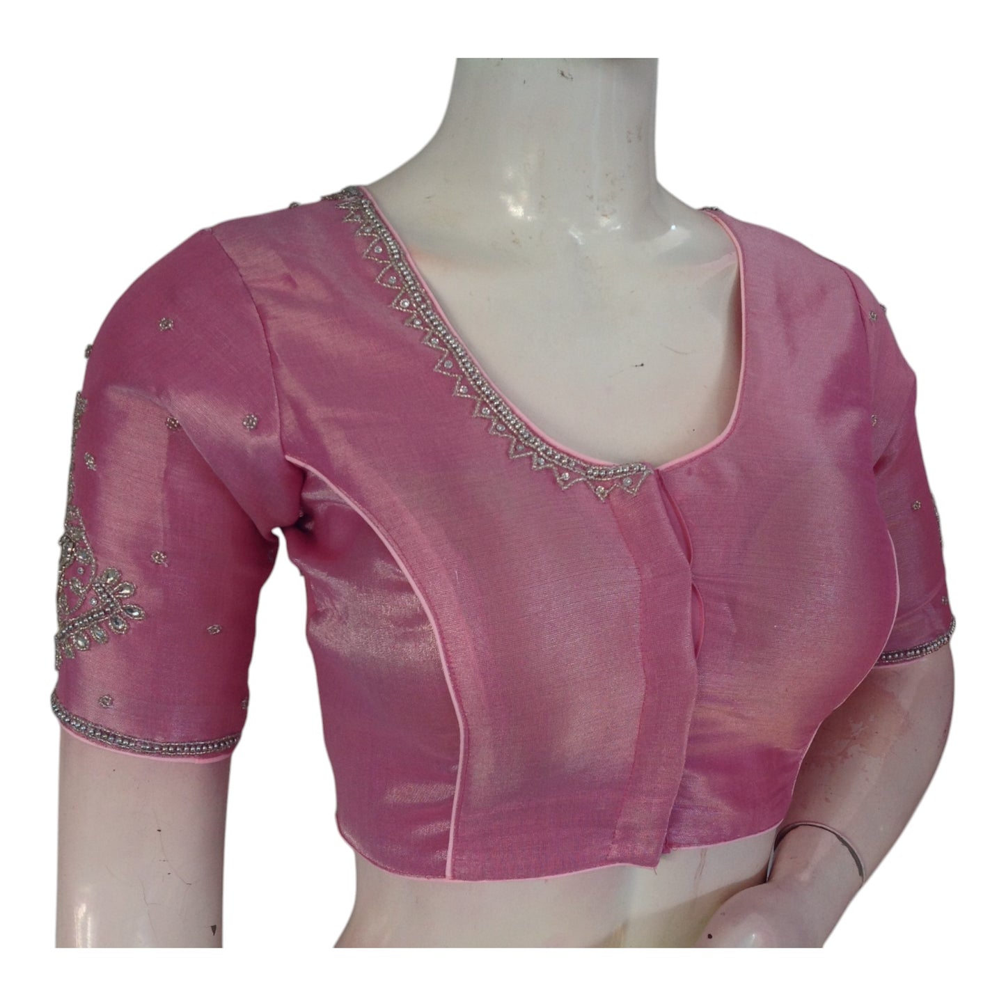 Pastel Yellow Tissue Silk Aari Blouse | Silver Handwork | Elegant