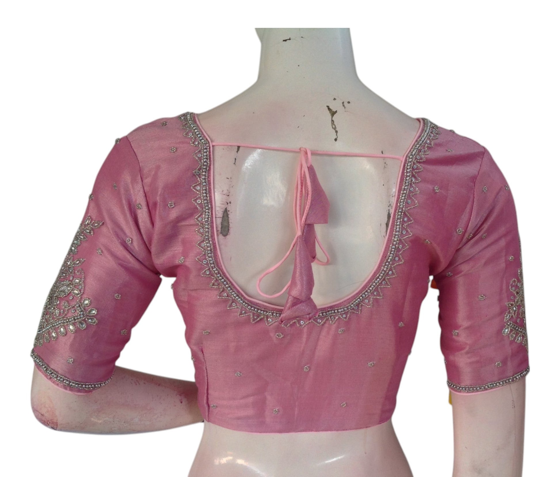 Pastel Yellow Tissue Silk Aari Blouse | Silver Handwork | Elegant