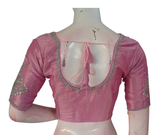 Pastel Yellow Tissue Silk Aari Blouse | Silver Handwork | Elegant