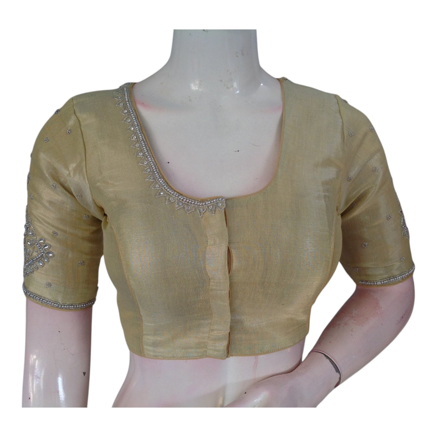 Banana Gold Tissue Silk Aari Blouse | Silver Handwork | Elegant