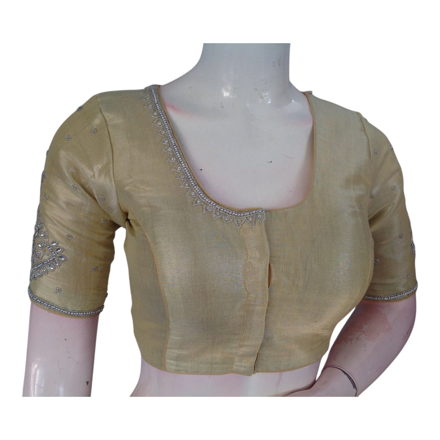 Banana Gold Tissue Silk Aari Blouse | Silver Handwork | Elegant