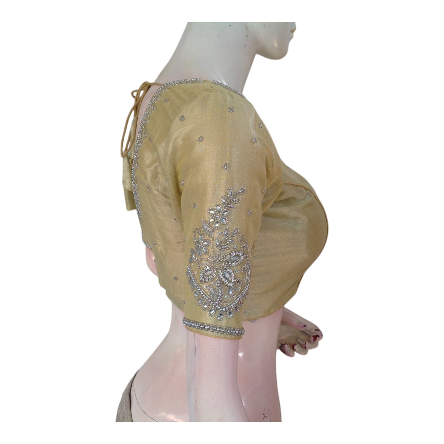 Banana Gold Tissue Silk Aari Blouse | Silver Handwork | Elegant