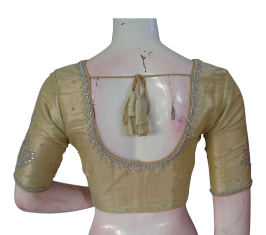 Banana Gold Tissue Silk Aari Blouse | Silver Handwork | Elegant