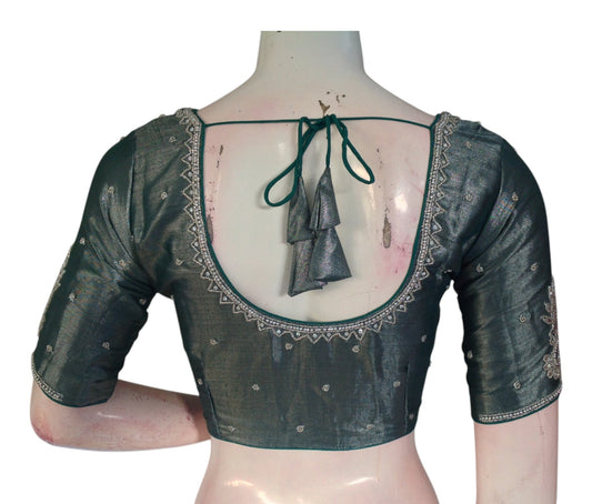 Dark Teal Green Tissue Silk Aari Blouse | Silver Handwork | Elegant